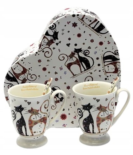 ZESTAW dwóch kubków porcelanowych Z KOCIM MOTYWEM 300ML w pudełku prezentowym w kształcie serca udekorowanym kocimi motywami