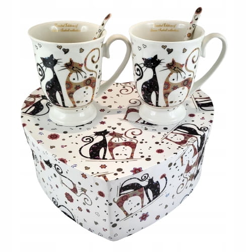 ZESTAW dwóch kubków porcelanowych Z KOCIM MOTYWEM 300ML w pudełku prezentowym w kształcie serca udekorowanym kocimi motywami