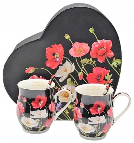 KOMPLET 2 porcelanowych KUBKÓW o pojemności 350ml Z porcelanowymi ŁYŻECZKAMI W pudełku w kształcie serca dekorowane wzorem maków na czarnym tle