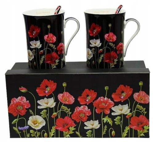 KOMPLET 2 porcelanowych, czarnych KUBKÓW Z ŁYŻECZKAMI wzór MAKI o pojemności 250ML w ozdobnym prezentowym pudełku