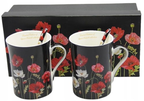 KOMPLET 2 porcelanowych, czarnych KUBKÓW Z ŁYŻECZKAMI wzór MAKI o pojemności 250ML w ozdobnym prezentowym pudełku
