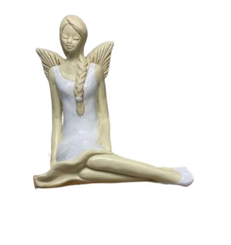 FIGURKA ANIOŁ SIEDZĄCY Z WARKOCZEM 25CM biały HAND MADE