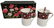 KOMPLET 2 KUBKÓW PORCELANOWYCH Z ŁYŻECZKAMI WZÓR MAKI 2X250 ML KOLOR BIAŁO-CZARNO-CZERWONY W OZDOBNYM OPAKOWANIU