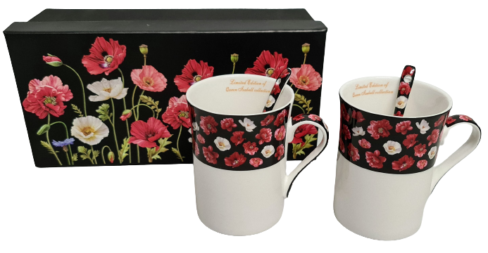 KOMPLET 2 KUBKÓW PORCELANOWYCH Z ŁYŻECZKAMI WZÓR MAKI 2X250 ML KOLOR BIAŁO-CZARNO-CZERWONY W OZDOBNYM OPAKOWANIU
