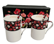 KOMPLET 2 KUBKÓW PORCELANOWYCH Z ŁYŻECZKAMI WZÓR MAKI 2X250 ML KOLOR BIAŁO-CZARNO-CZERWONY
