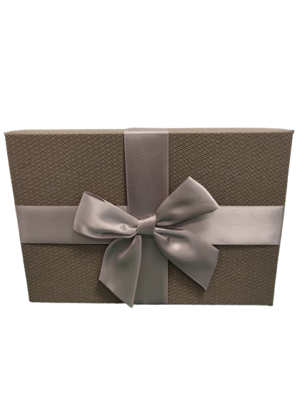 PUDEŁKO PROSTOKĄTNE SZARE Z SZARĄ KOKARDĄ 32X22X13CM